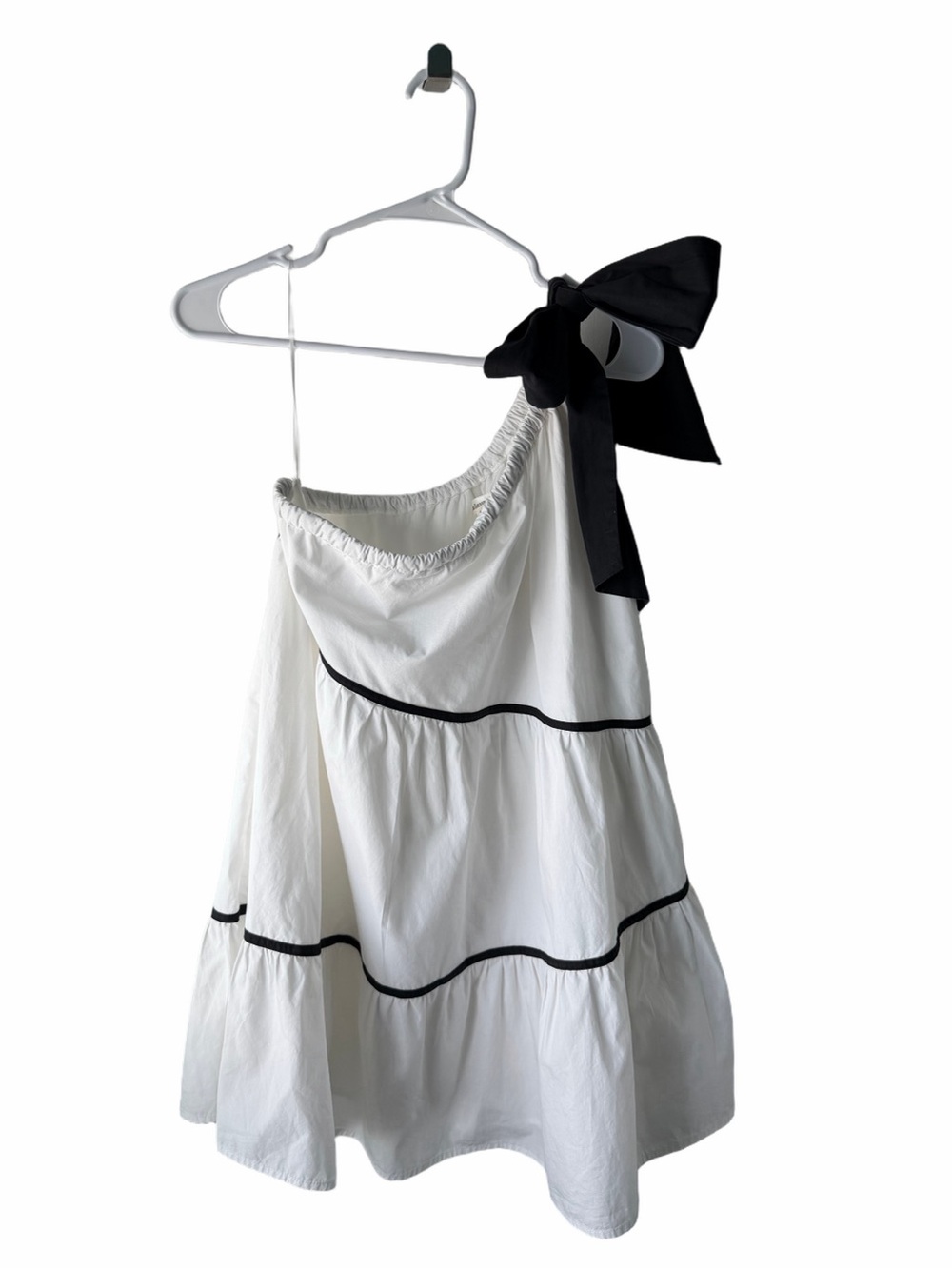 Lalavon One Shoulder White Poplin Babydoll Mini Dress with Black Piping - M - Picture 2 of 6